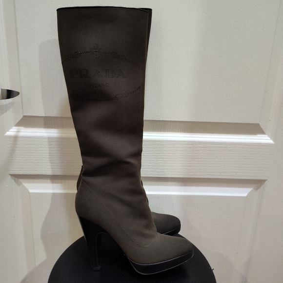 PRADA Logo Jacquard Calzature Donna Boots Women's Sz EU 37.5 US 7 Dark Brown - Picture 5 of 9